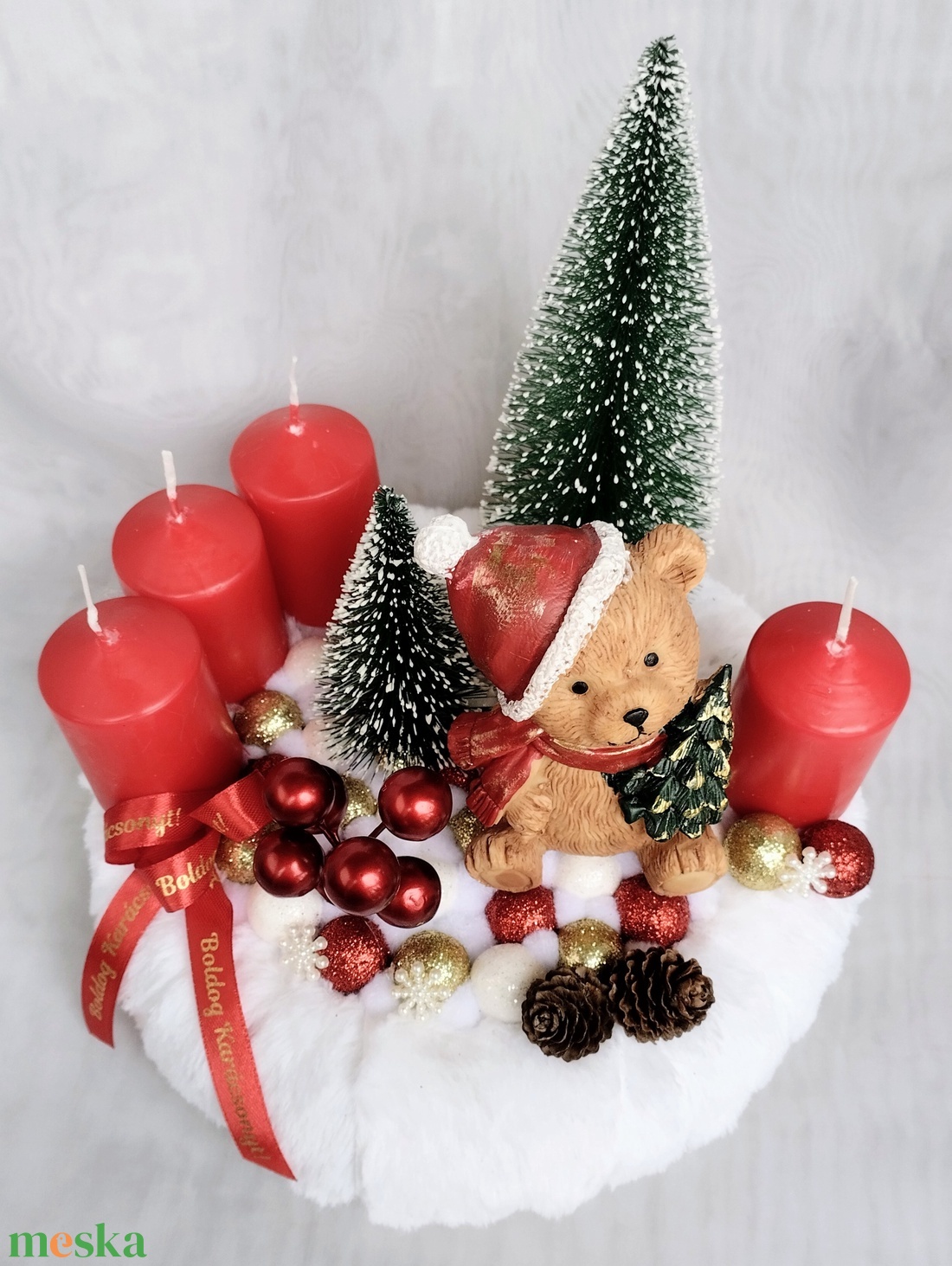 Mackó karácsonya adventi koszorú  - karácsony - adventi díszek - adventi koszorú - Meska.hu