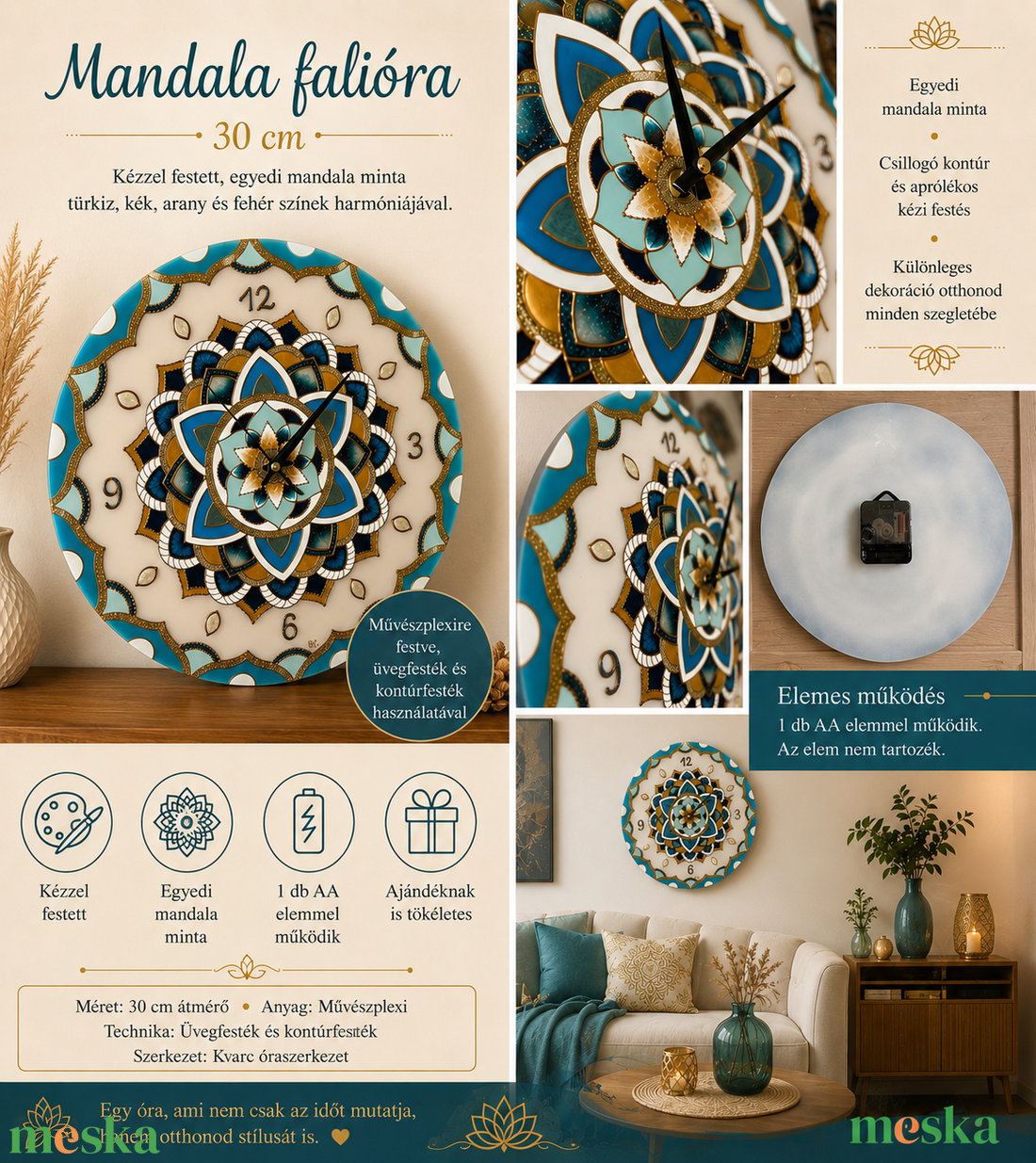 Türkiz-arany mandala falióra � kézzel festett, 30 cm - otthon & életmód - dekoráció - fali és függő dekoráció - falióra & óra - Meska.hu