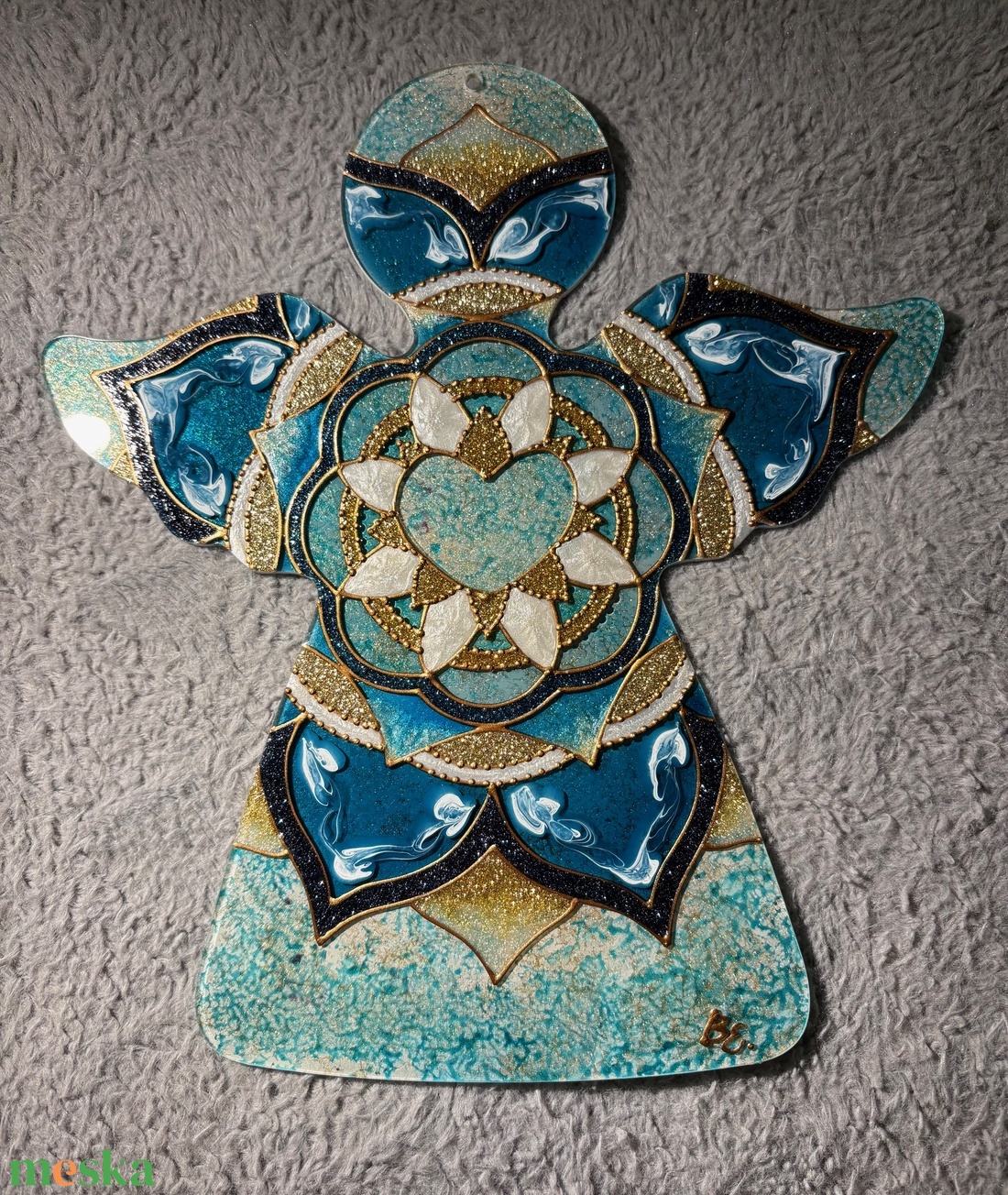 Türkiz ragyogás üvegfestett angyalka mandala mintával - otthon & életmód - dekoráció - spiritualitás - mandala - Meska.hu