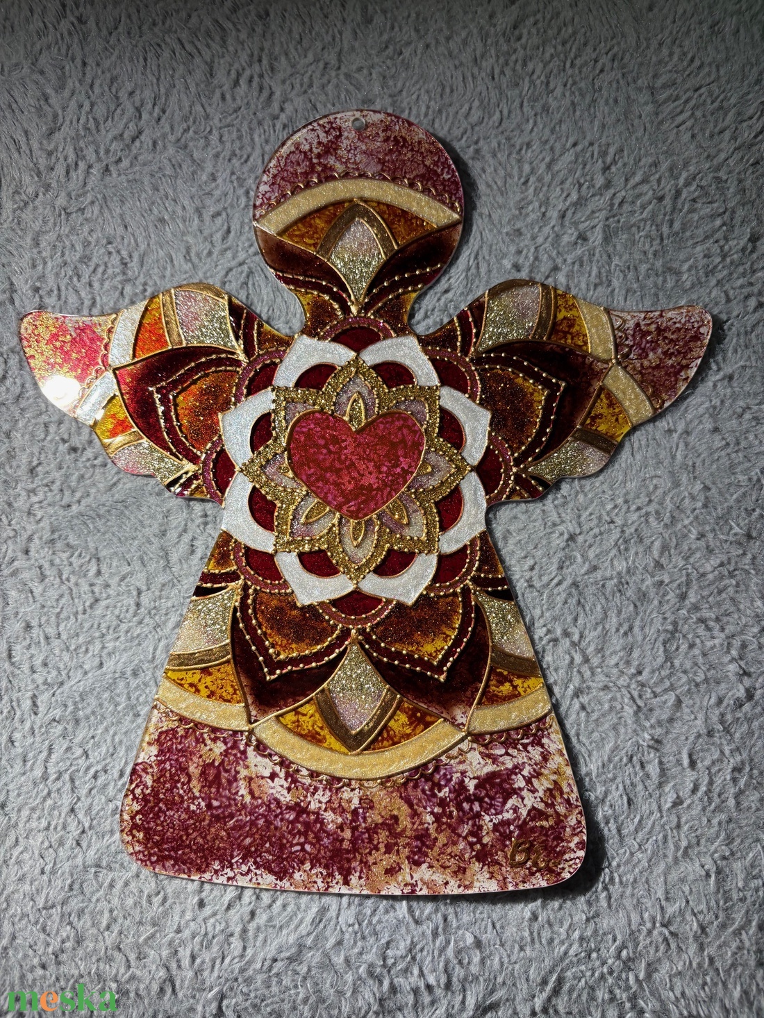 Bordó-arany szívangyal üvegfestett mandala angyalka - otthon & életmód - dekoráció - spiritualitás - mandala - Meska.hu