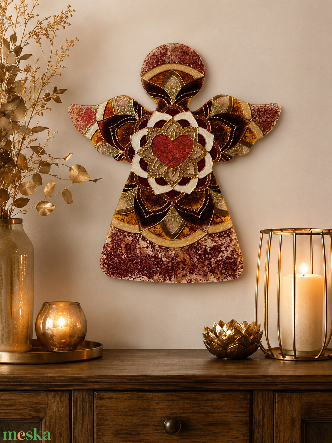 Bordó-arany szívangyal üvegfestett mandala angyalka - otthon & életmód - dekoráció - spiritualitás - mandala - Meska.hu