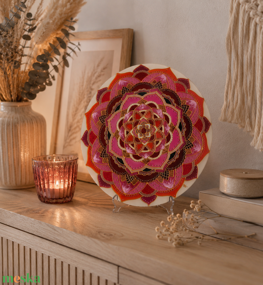 Narancs-rózsaszín csoda mandala 30 cm üvegfestett mandala - otthon & életmód - dekoráció - spiritualitás - mandala - Meska.hu