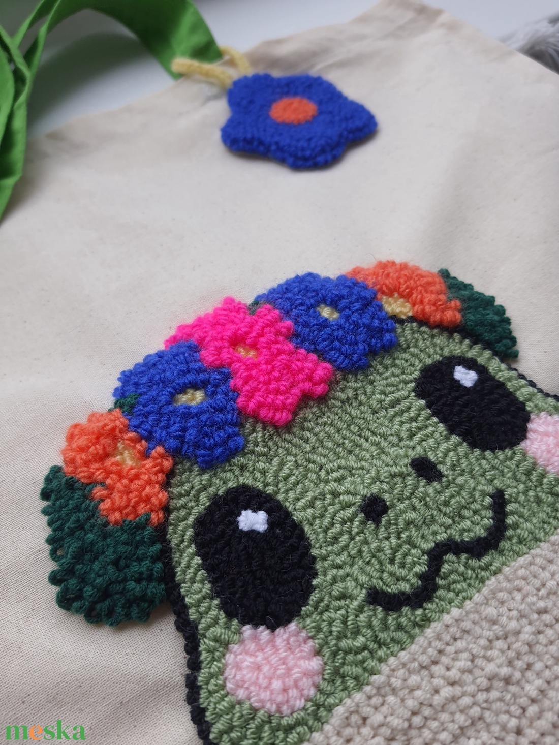 Béka mint�s V�szont�ska - Punch needle technik�val kézzel hímezve - táska & tok - bevásárlás & shopper táska - shopper, textiltáska, szatyor - Meska.hu