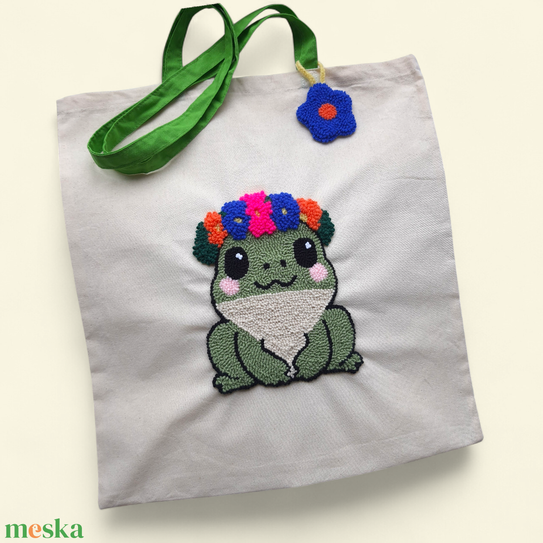 Béka mint�s V�szont�ska - Punch needle technik�val kézzel hímezve - táska & tok - bevásárlás & shopper táska - shopper, textiltáska, szatyor - Meska.hu