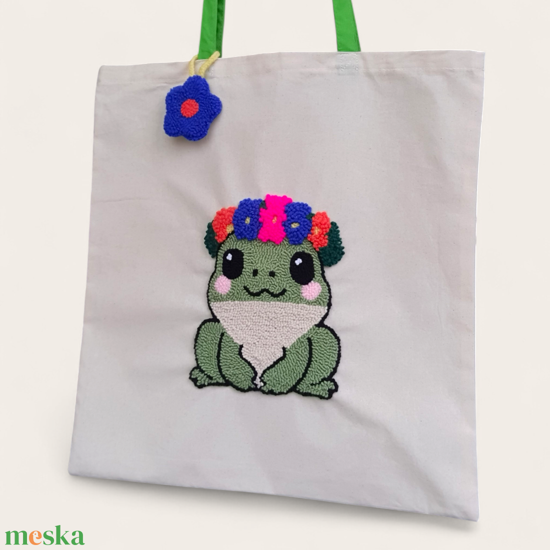 Béka mint�s V�szont�ska - Punch needle technik�val kézzel hímezve - táska & tok - bevásárlás & shopper táska - shopper, textiltáska, szatyor - Meska.hu