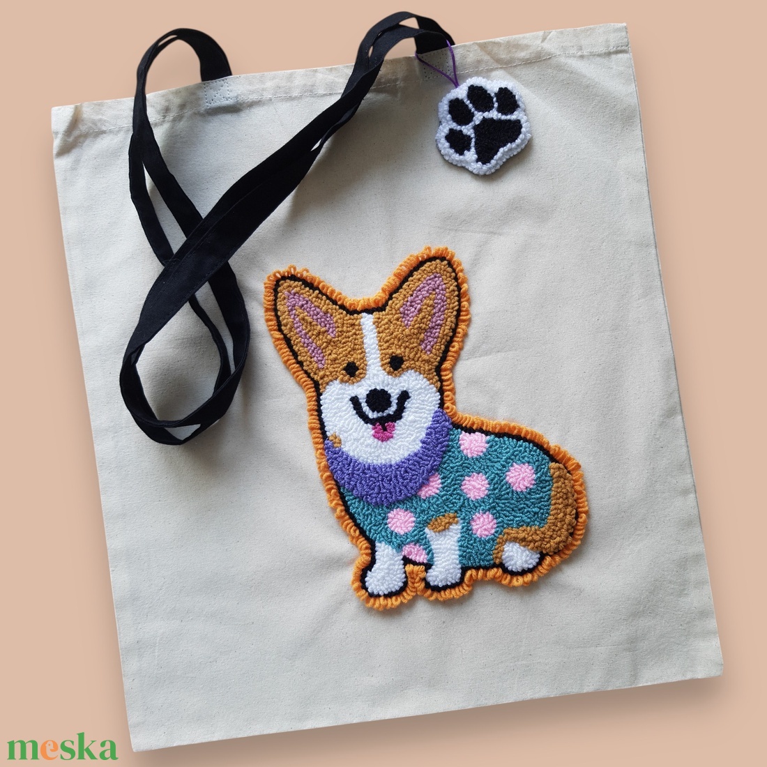 Corgi mint�s V�szont�ska - Punch needle technik�val kézi hímzéssel - táska & tok - bevásárlás & shopper táska - shopper, textiltáska, szatyor - Meska.hu