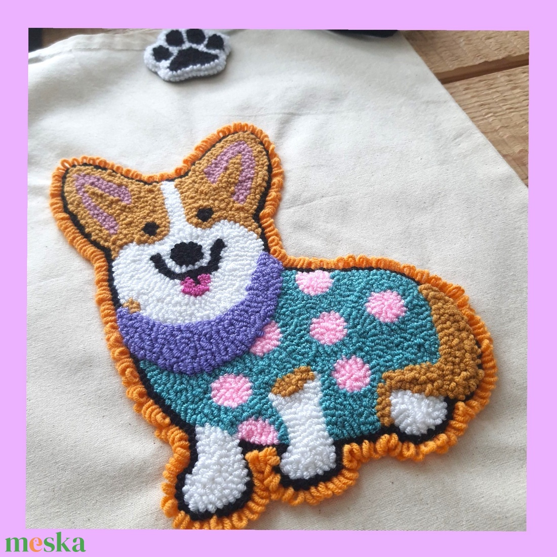 Corgi mint�s V�szont�ska - Punch needle technik�val kézi hímzéssel - táska & tok - bevásárlás & shopper táska - shopper, textiltáska, szatyor - Meska.hu