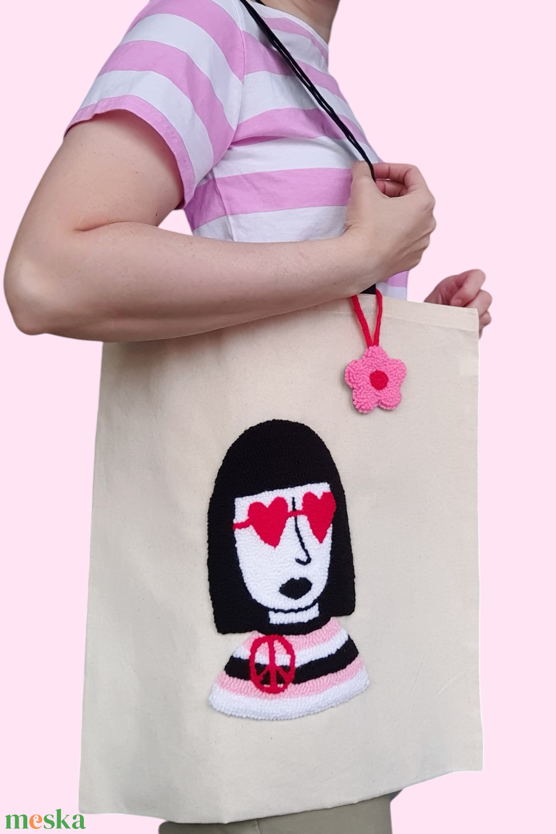 Női arc � mint�s V�szont�ska - Punch needle technik�val kézzel hímzett - táska & tok - bevásárlás & shopper táska - shopper, textiltáska, szatyor - Meska.hu