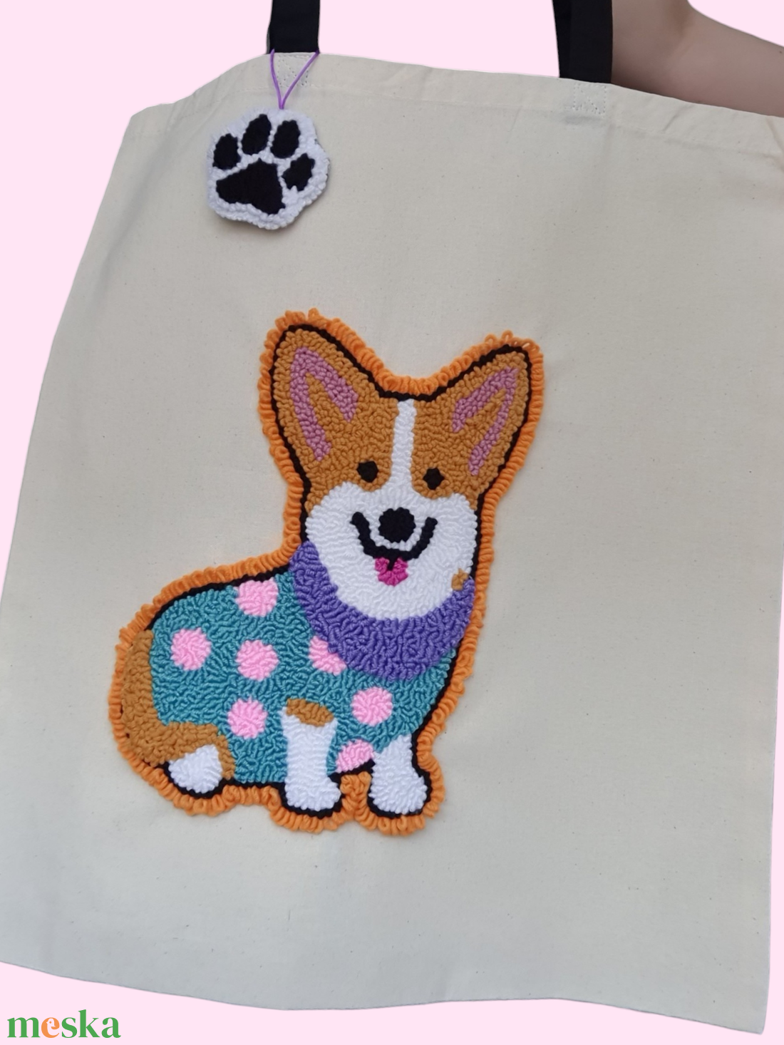 Corgi mint�s V�szont�ska - Punch needle technik�val kézi hímzéssel - táska & tok - bevásárlás & shopper táska - shopper, textiltáska, szatyor - Meska.hu