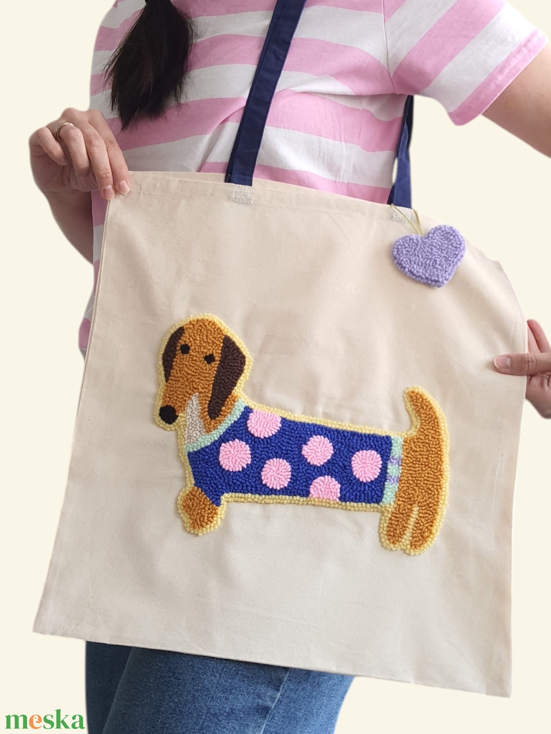 Tacskó mint�s V�szont�ska - Punch needle technik�val kézzel hímezve - táska & tok - bevásárlás & shopper táska - shopper, textiltáska, szatyor - Meska.hu