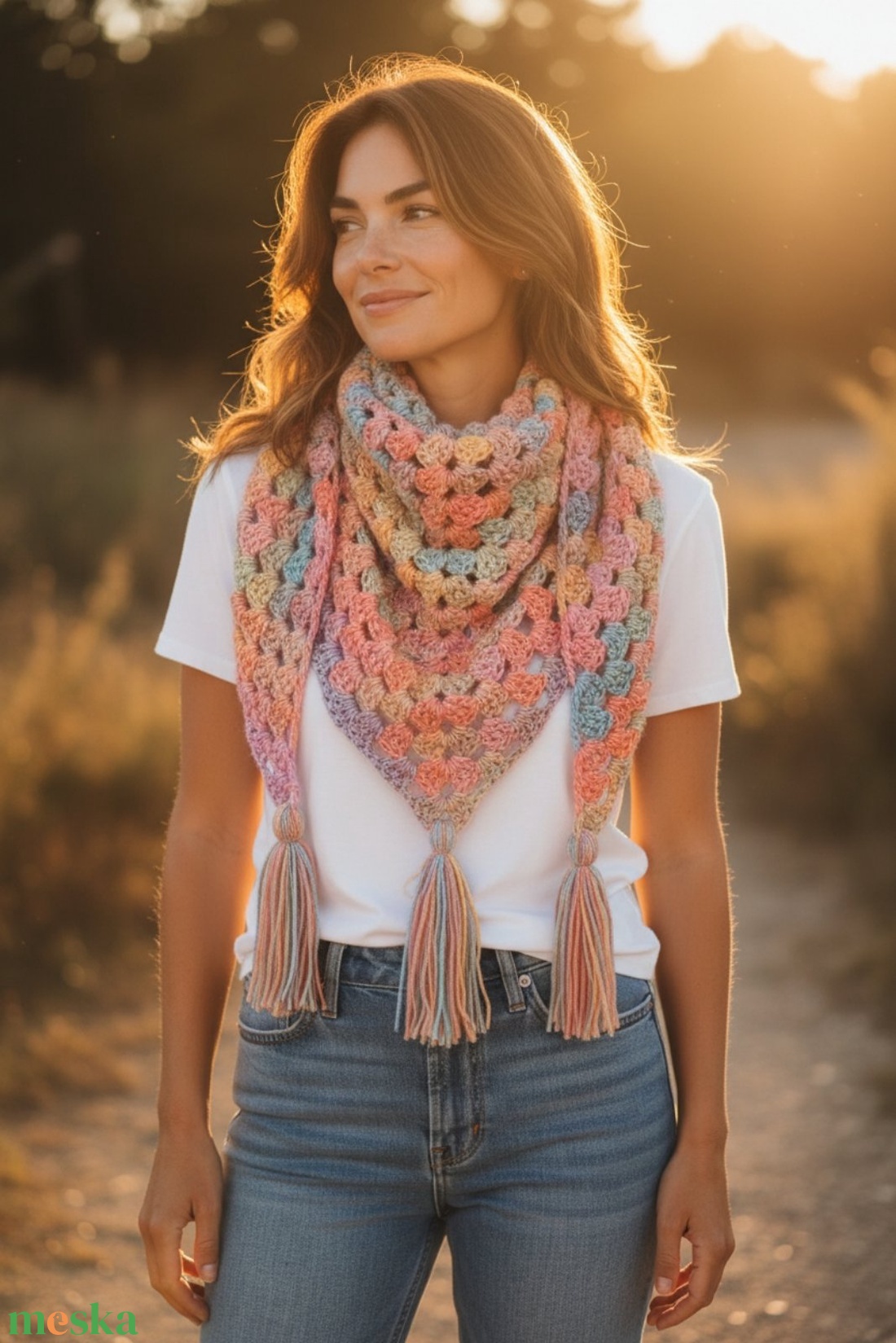 Színes horgolt kendő bojttal - ruha & divat - sál, sapka, kendő - kendő - Meska.hu