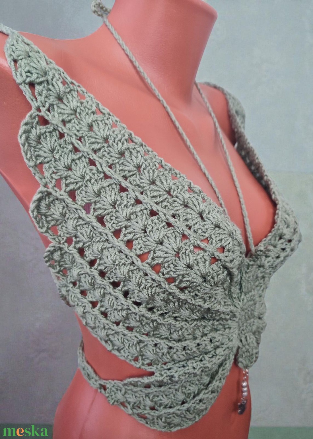 EDO Aura � kézzel horgolt pillangó top, különleges nyári női statement felső zsálya színben - ruha & divat - női ruha - top - Meska.hu