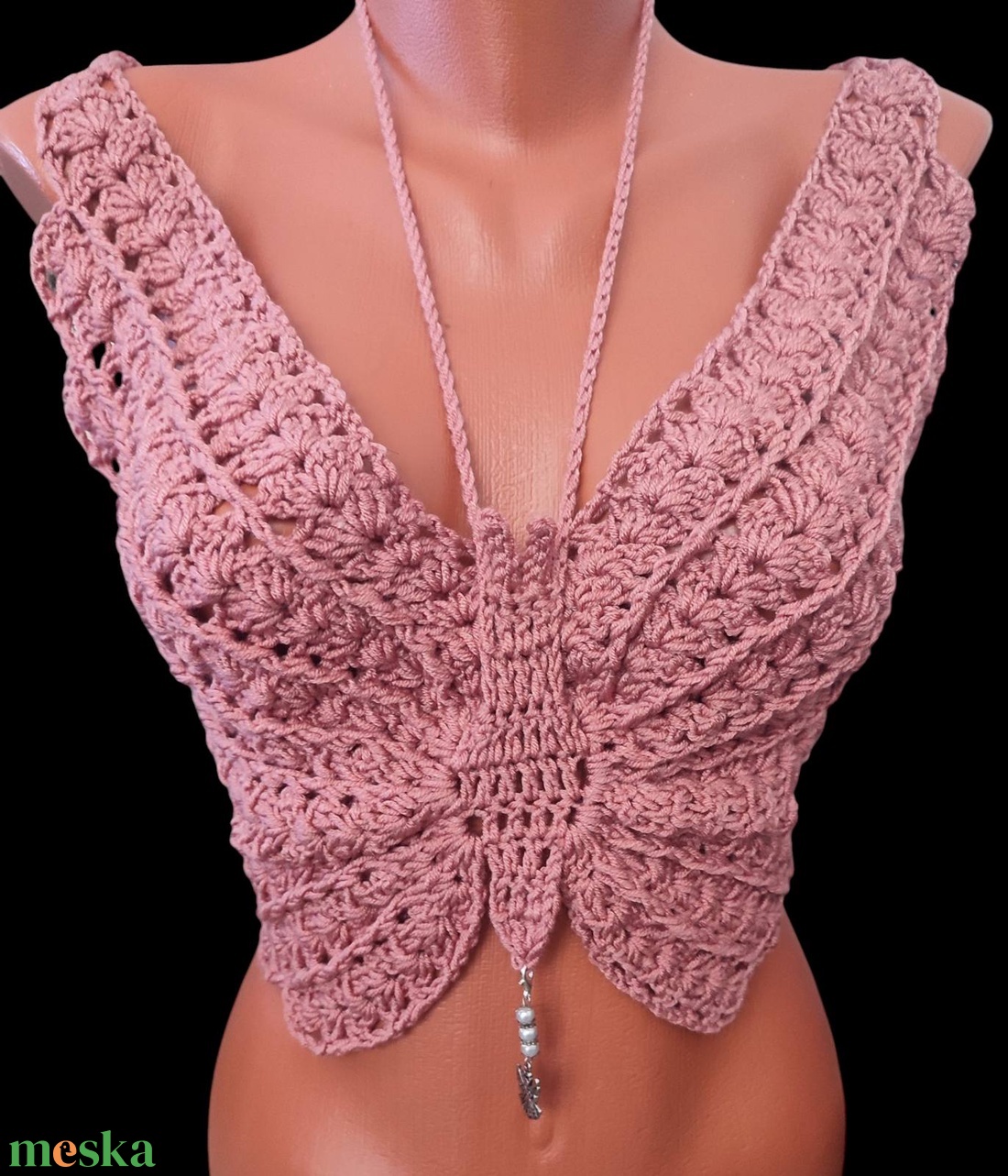 EDO Aura � kézzel horgolt pillangó top, különleges nyári női statement felső antik rózsa színben - ruha & divat - női ruha - top - Meska.hu