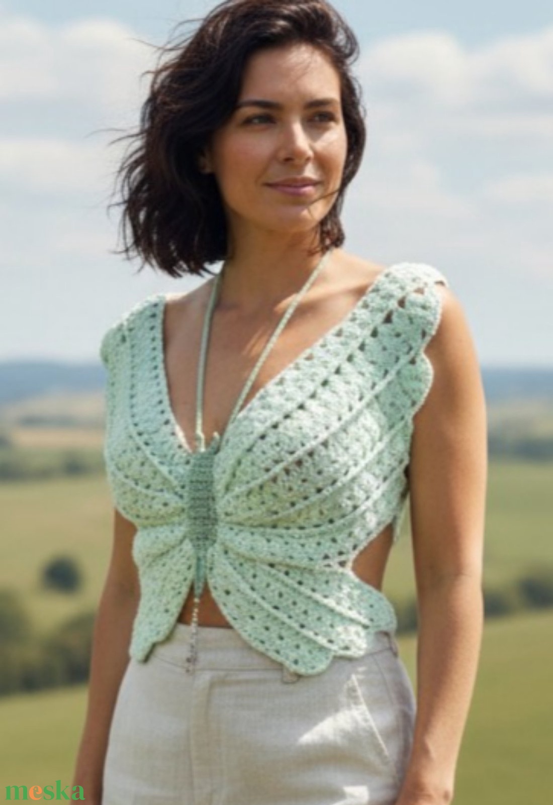 EDO Aura � kézzel horgolt pillangó top, különleges nyári női statement felső világos almazöld színben - ruha & divat - női ruha - top - Meska.hu