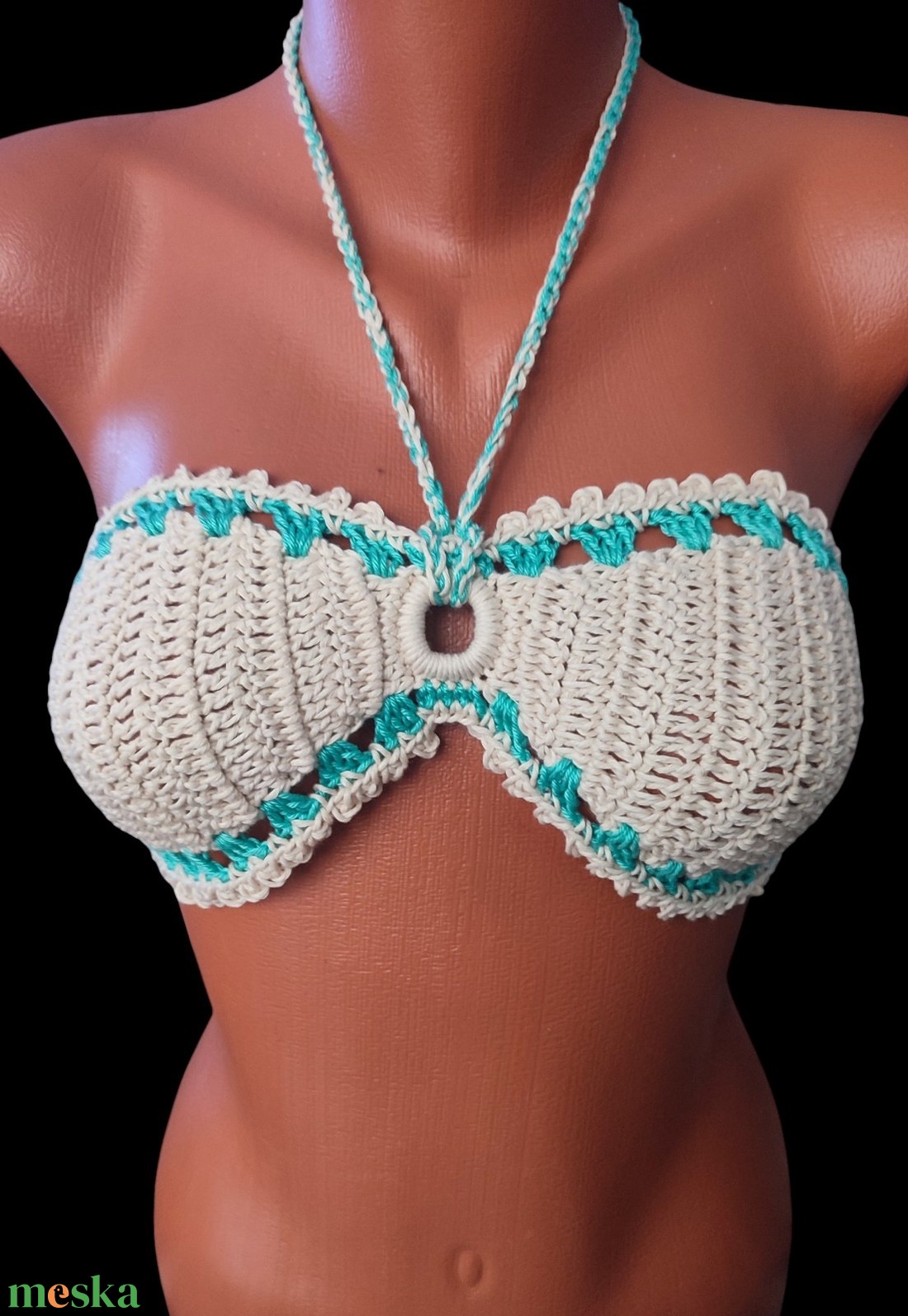 EDO Marina- horgolt bikini felső, 100% pamut natúr-türkiz - ruha & divat - női ruha - top - Meska.hu