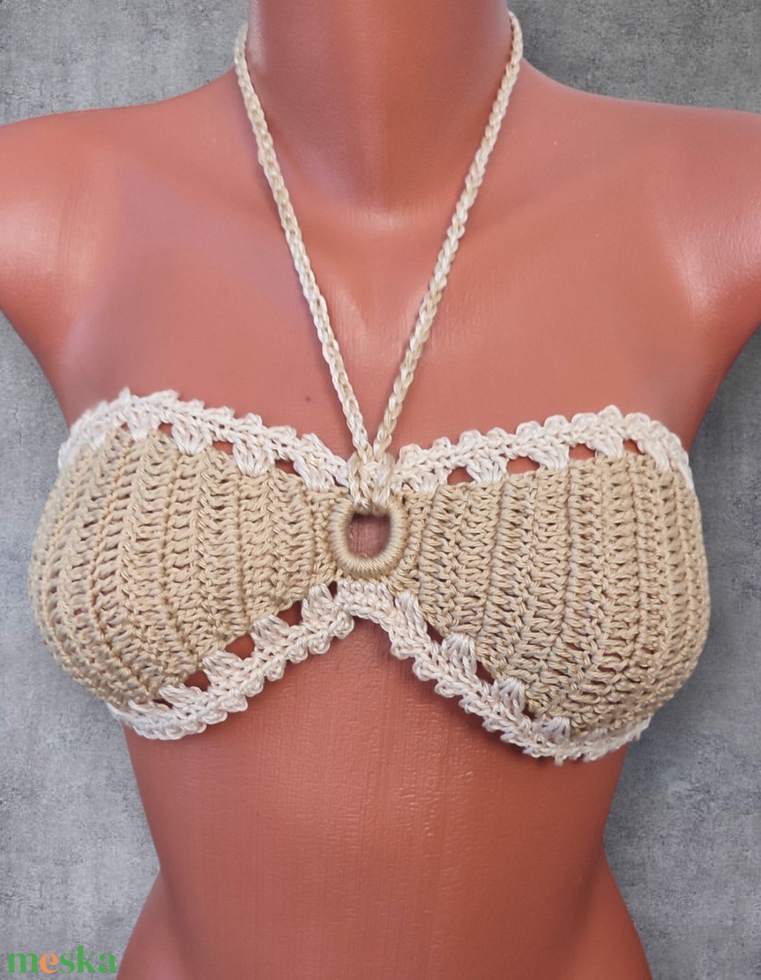 EDO Marina- horgolt felső, 100% pamut natúr homok-törtfehér perem - ruha & divat - női ruha - top - Meska.hu