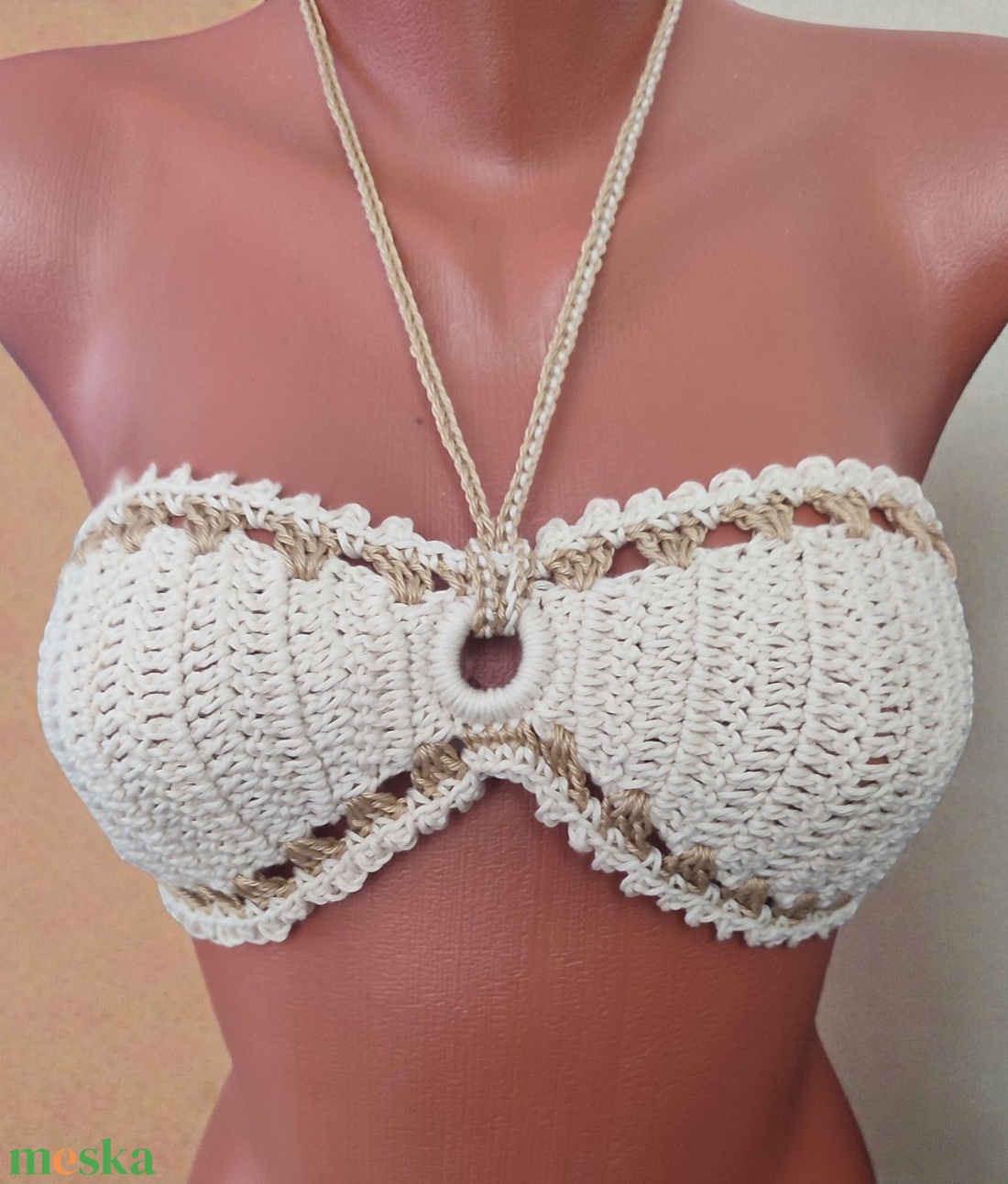 EDO Marina- horgolt felső, 100% pamut natúr-karamell perem - ruha & divat - női ruha - top - Meska.hu