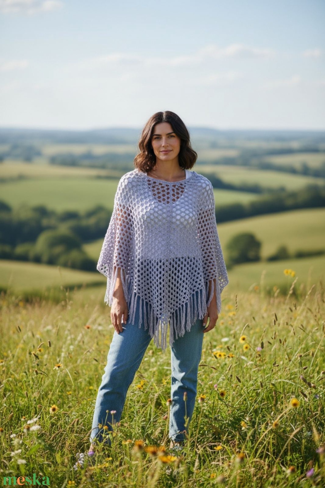 EDO Luma- kézzel horgolt hálós poncsó, ametiszt lila pamut - ruha & divat - női ruha - poncsó - Meska.hu