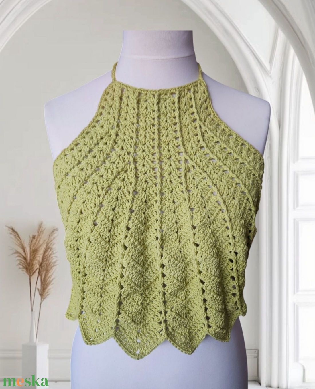 EDO Mira- kézzel horgolt nyári top, nőies, természetes stílusú felső, lágyzöld színben - ruha & divat - női ruha - top - Meska.hu