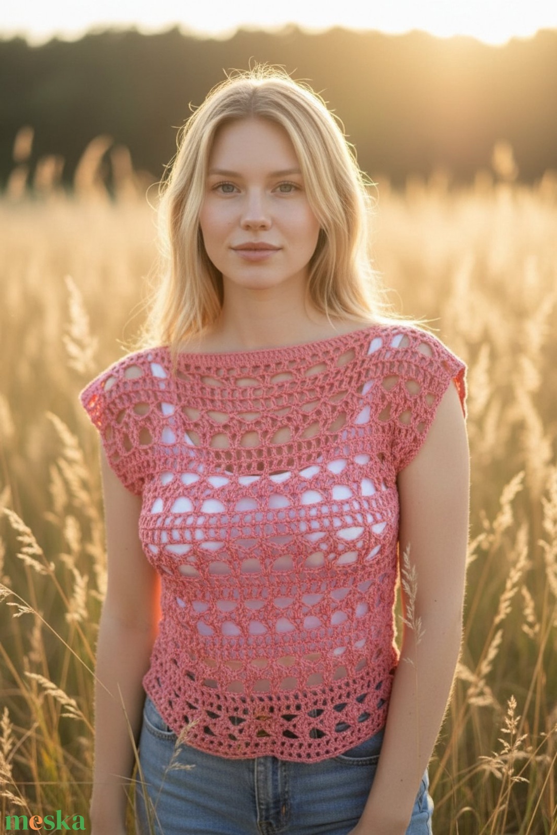 EDO Rosé- horgolt pamut nyári felső, nőies, hálós top S-M méret, korall rózsaszín - ruha & divat - női ruha - top - Meska.hu