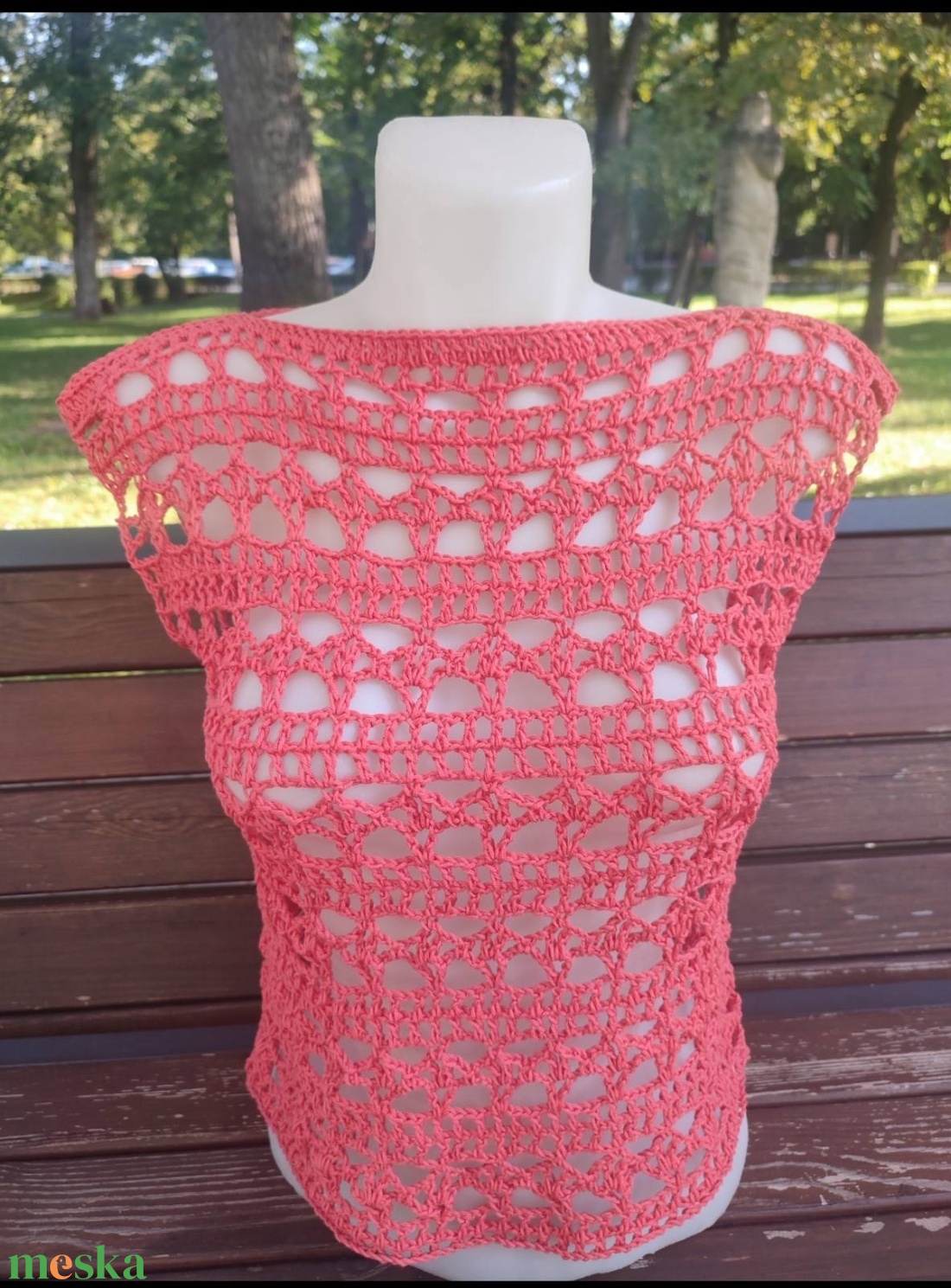 EDO Rosé- horgolt pamut nyári felső, nőies, hálós top S-M méret, korall rózsaszín - ruha & divat - női ruha - top - Meska.hu