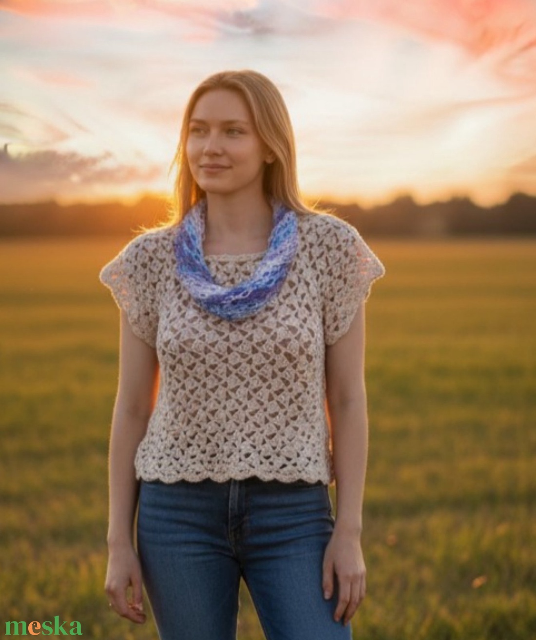 EDO Breeze � dekoratív, kézzel horgolt tavaszi körkendő, könnyű nyakmelegítő, tavaszi égbolt-sál - ruha & divat - sál, sapka, kendő - sál - Meska.hu