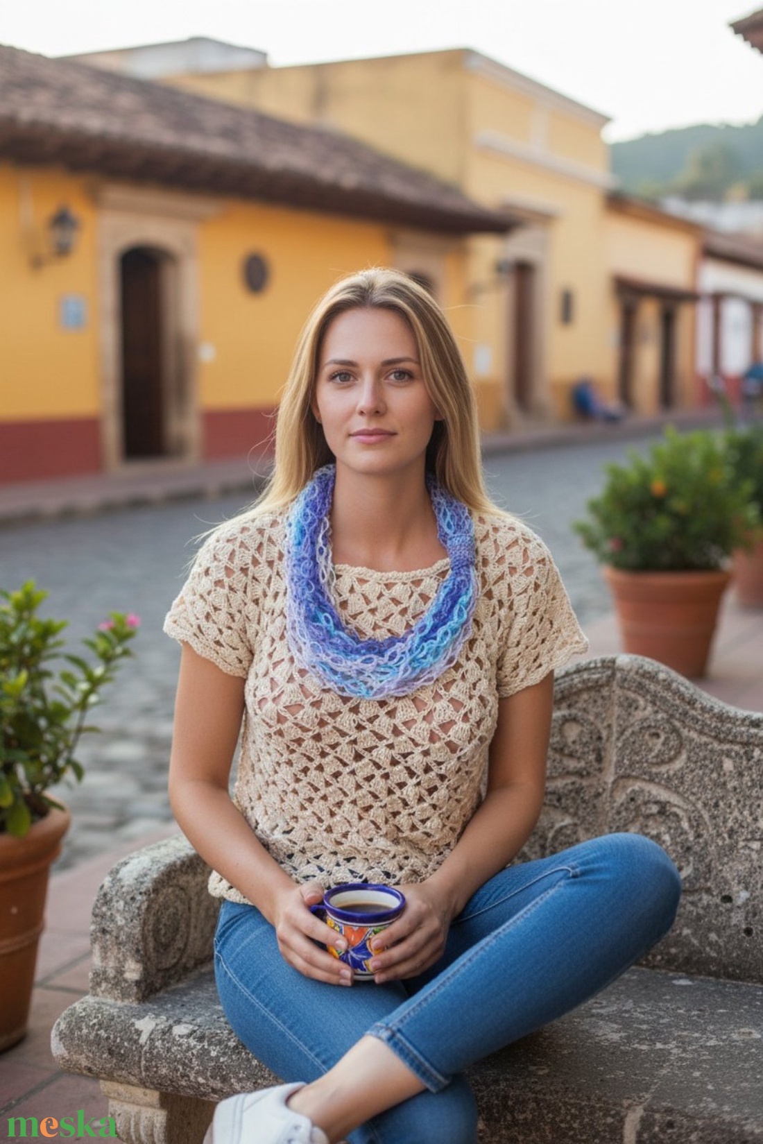 EDO Breeze � dekoratív, kézzel horgolt tavaszi körkendő, könnyű nyakmelegítő, tavaszi égbolt-sál - ruha & divat - sál, sapka, kendő - sál - Meska.hu