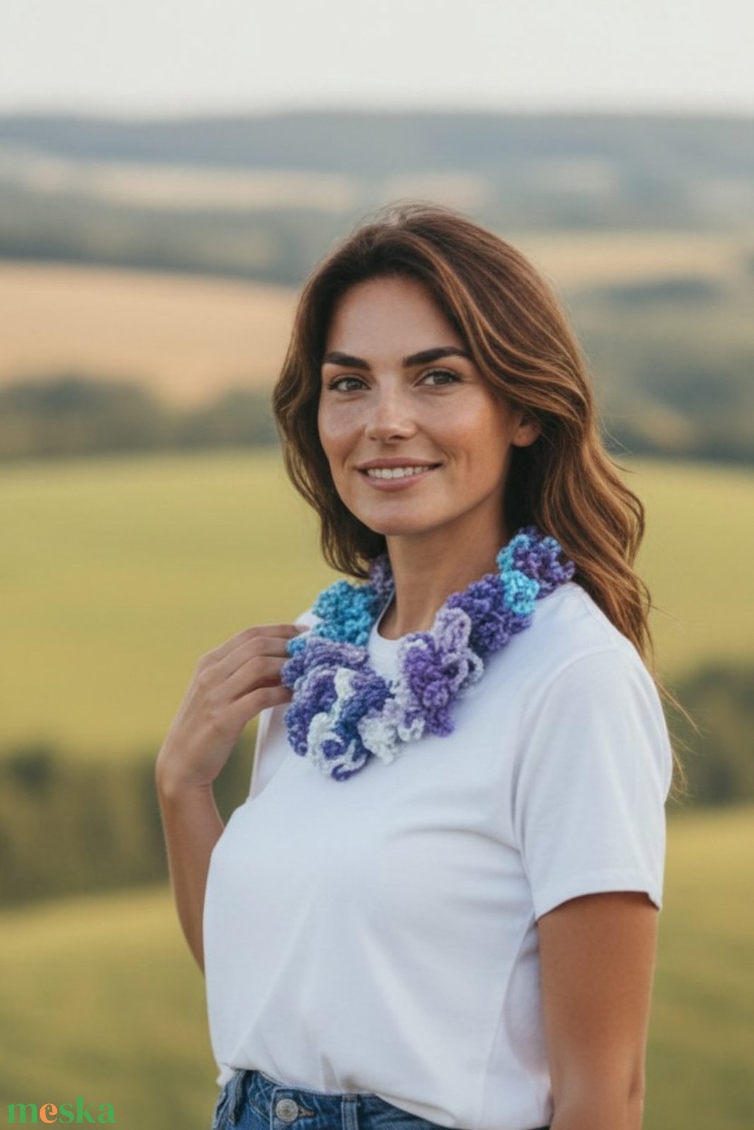 EDO Breeze � dekoratív, kézzel horgolt tavaszi körkendő, könnyű nyakmelegítő, tavaszi égbolt-sál - ruha & divat - sál, sapka, kendő - kendő - Meska.hu