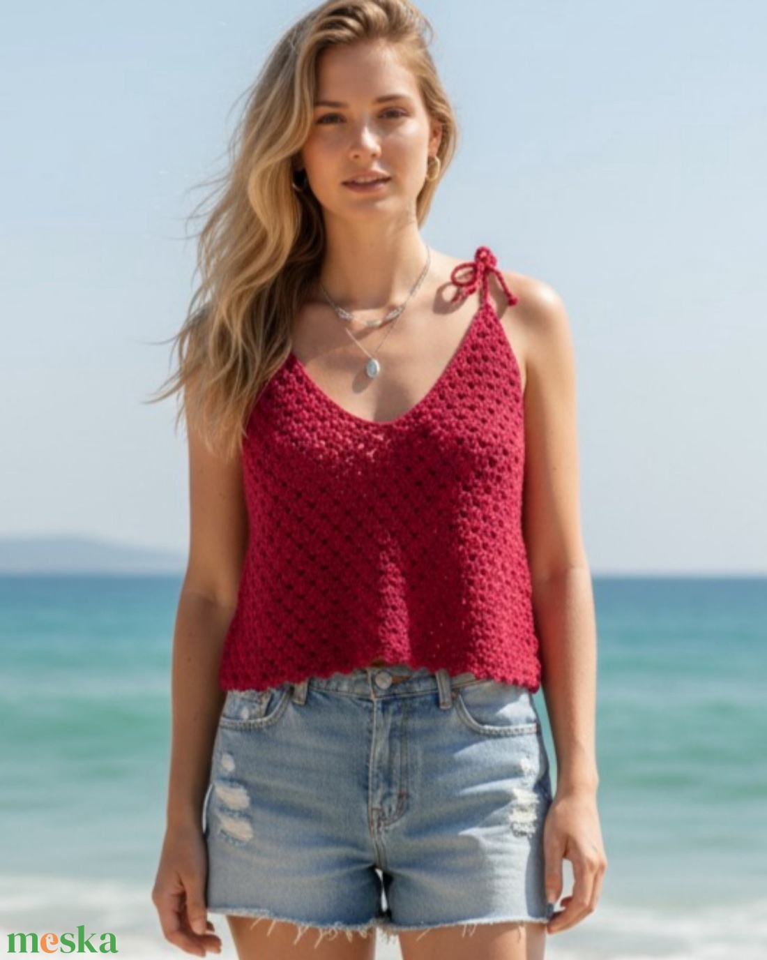 EDO-Luna horgolt nyári top � borvörös, lezser fazon, állítható pánttal (L-XL) - ruha & divat - női ruha - top - Meska.hu