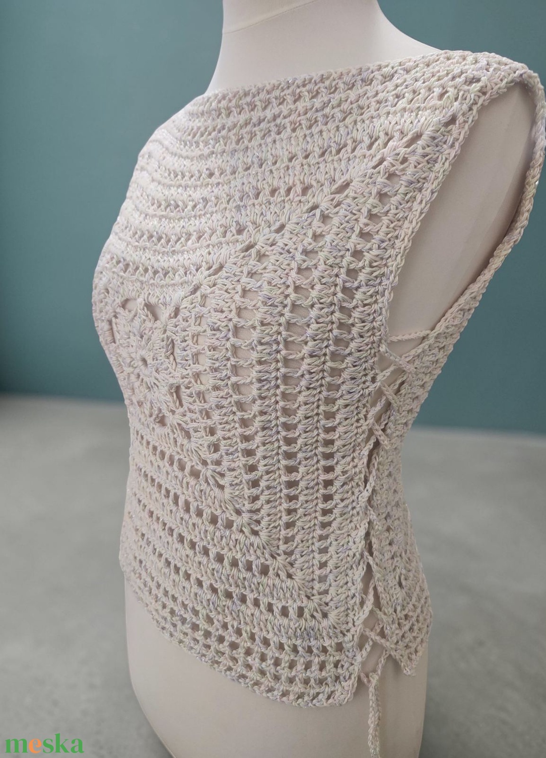 EDO � Púderfény, nagyi kocka horgolt felső - ruha & divat - női ruha - blúz - Meska.hu