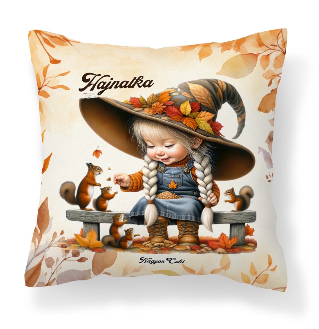 Névvel kérhető - Őszi manó lány és a mókusok mintás párna - otthon & életmód - lakástextil - párna & párnahuzat - díszpárna (belsővel együtt) - Meska.hu