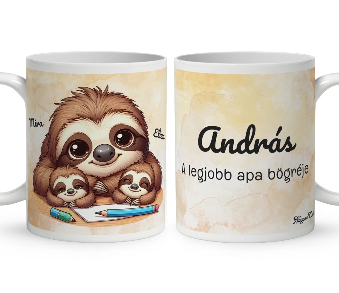 Névvel kérhető - Cuki lajhár Apa és két gyereke mintás bögre - otthon & életmód - konyhafelszerelés, tálalás - tálalás - bögre & csésze - Meska.hu