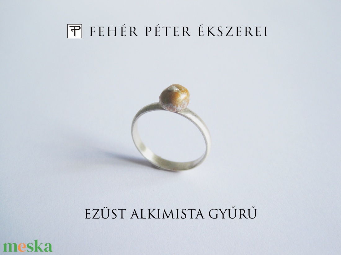 Ezüst alkimista gyűrű, arany színű ezüst röggel díszítve - ékszer - gyűrű - gyöngyös gyűrű - Meska.hu