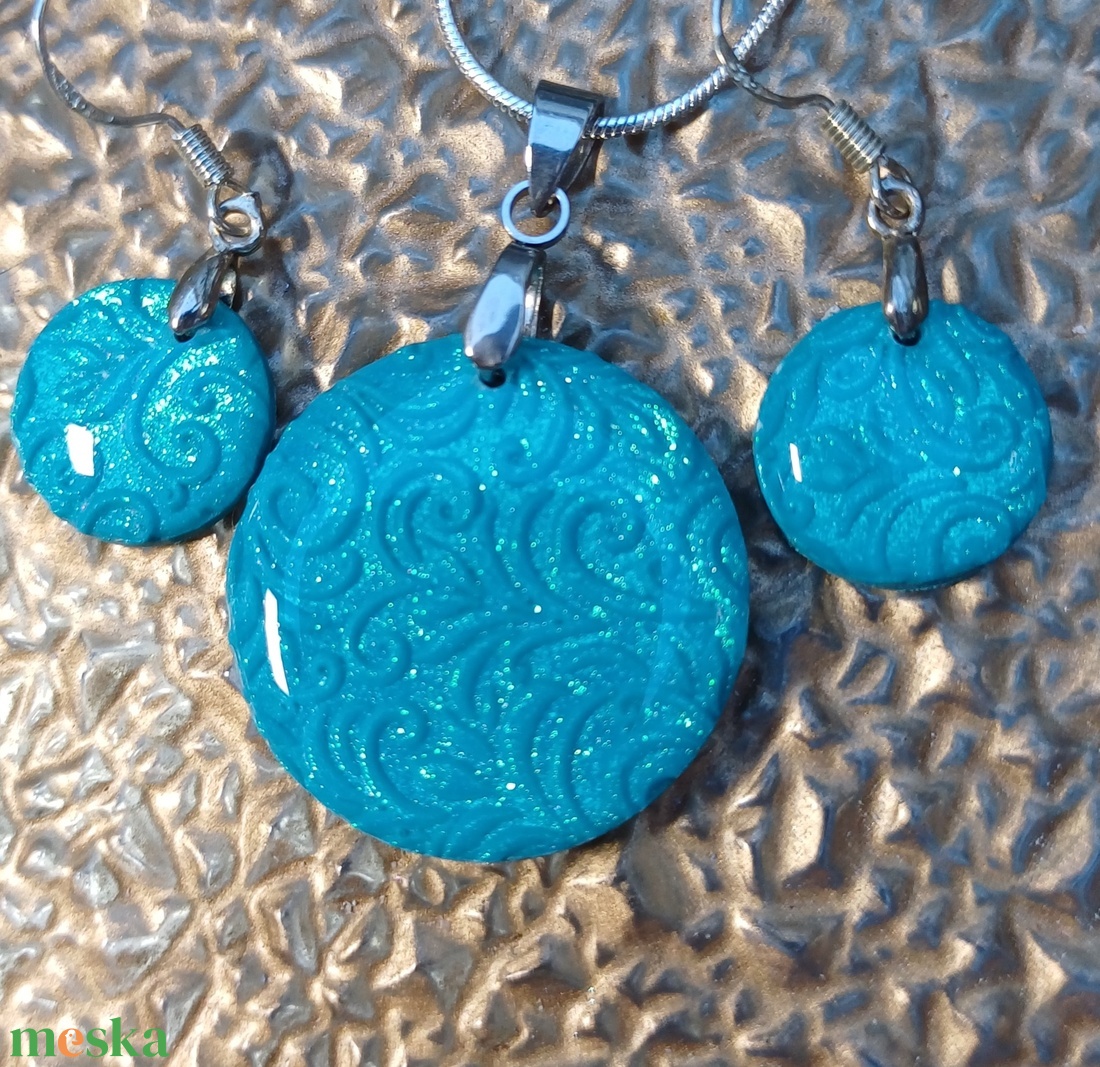 Türkiz szett zöld csillogással - ékszer - ékszerszett - Meska.hu