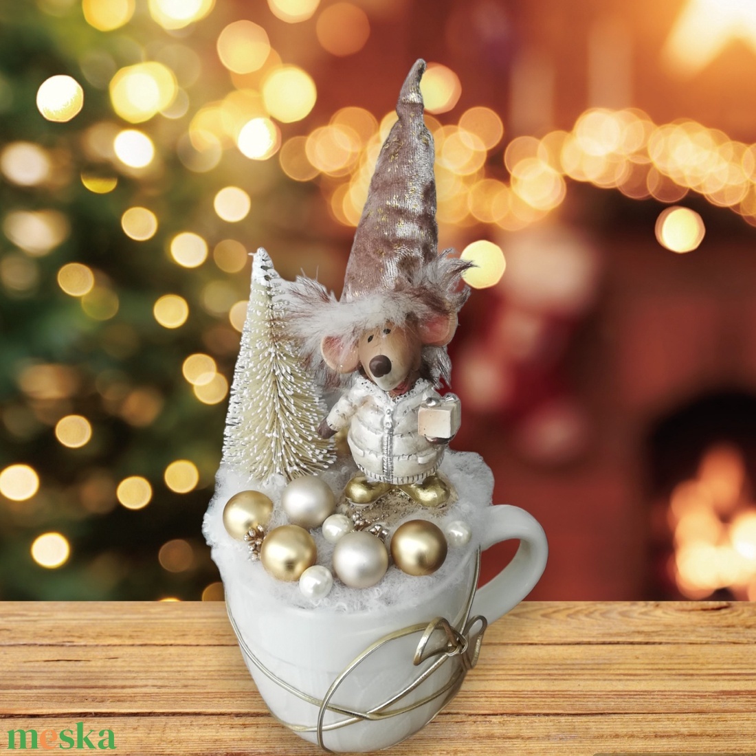 Bögrés karácsonyi asztaldísz egérrel - karácsony - adventi díszek - adventi asztaldísz - Meska.hu