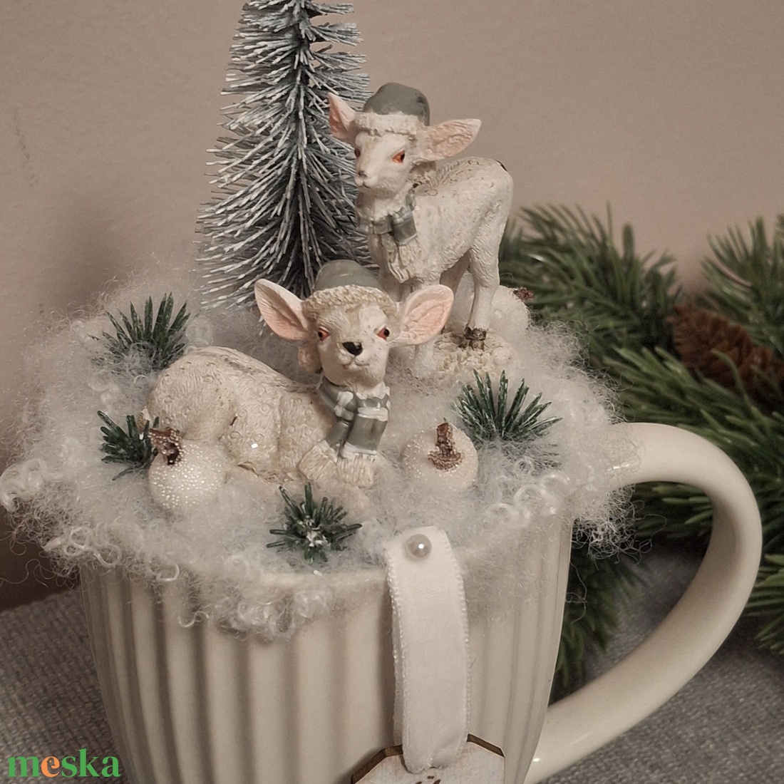 Őzis bögrés asztaldísz  - karácsony - adventi díszek - adventi asztaldísz - Meska.hu