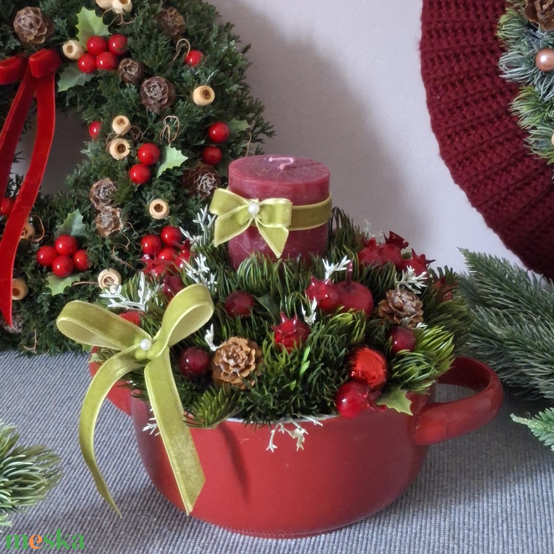 Pirosbogyós gyertyás asztaldísz  - karácsony - adventi díszek - adventi gyertyadíszek és koszorúdíszek - Meska.hu