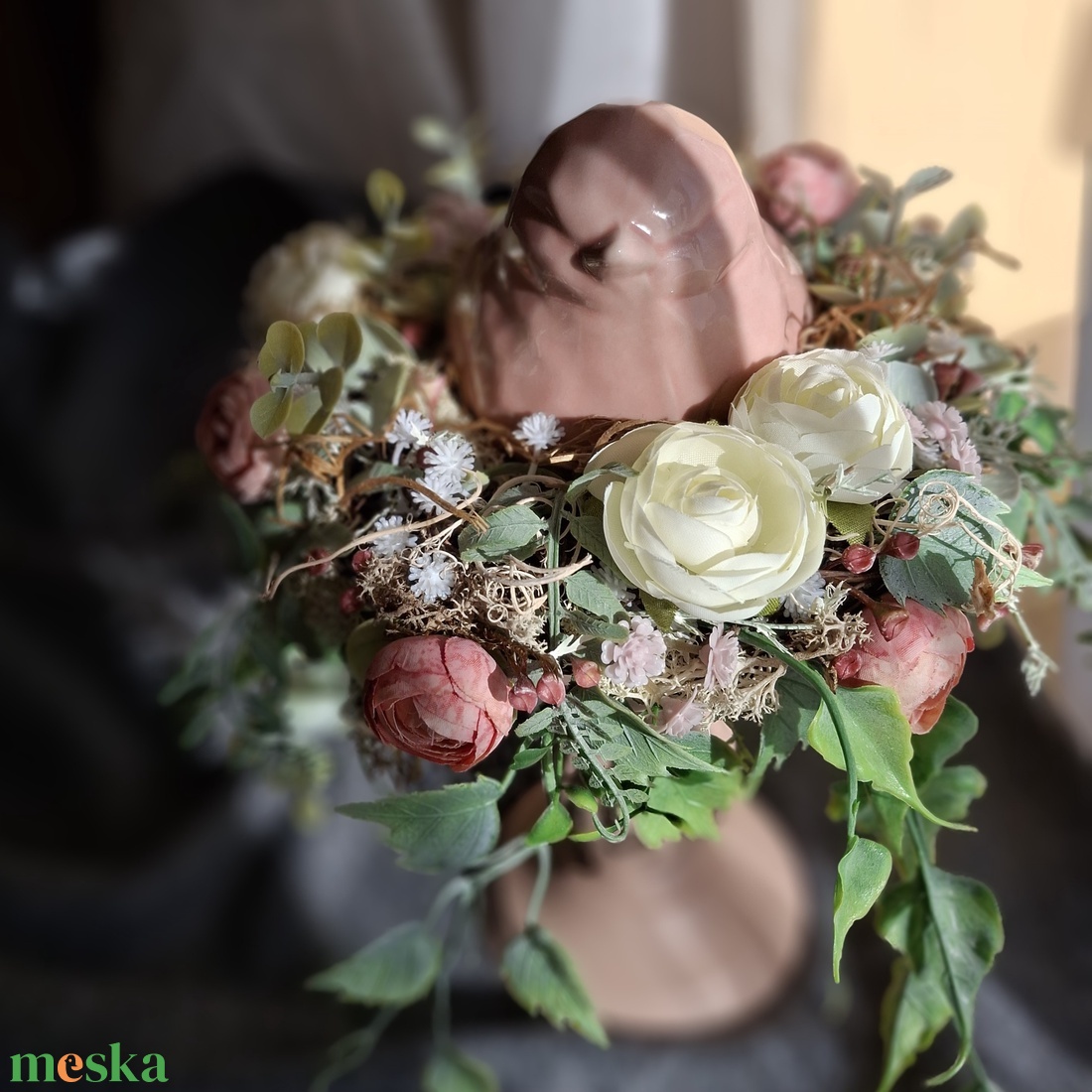 Virágos madárfészek, púder színű  - otthon & életmód - dekoráció - asztal és polc dekoráció - asztaldísz - Meska.hu