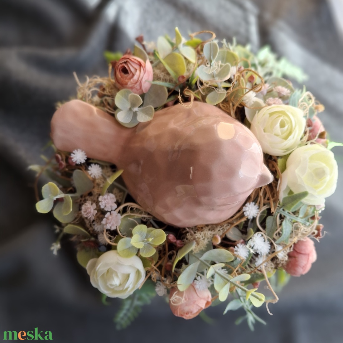 Virágos madárfészek, púder színű  - otthon & életmód - dekoráció - asztal és polc dekoráció - asztaldísz - Meska.hu