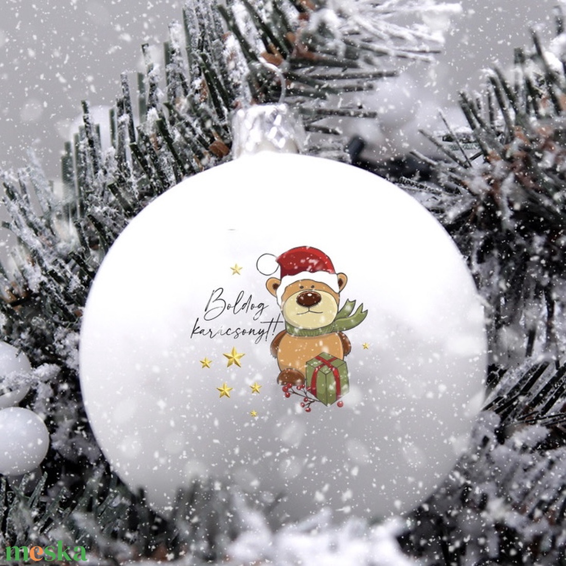 Boldog karácsonyt macis karácsonyi gömb - üveg karácsonyfa dísz (sálas maci) - karácsony - karácsonyi lakásdekoráció - karácsonyfadíszek - Meska.hu