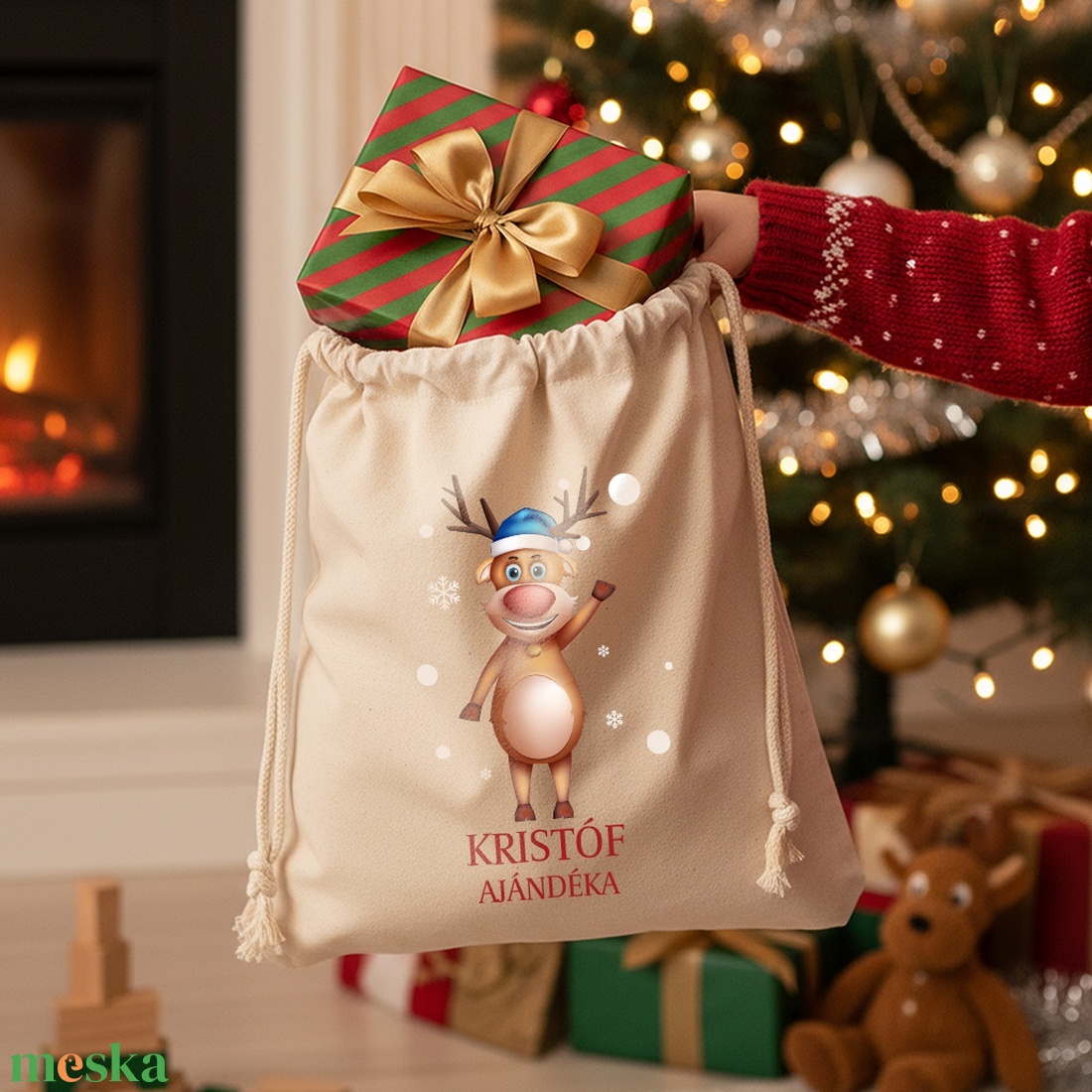 Névre szóló mikulás zsák - Rénszarvasos - 101308 - karácsony - karácsonyi ajándékozás - karácsonyi ajándékcsomagolás - Meska.hu