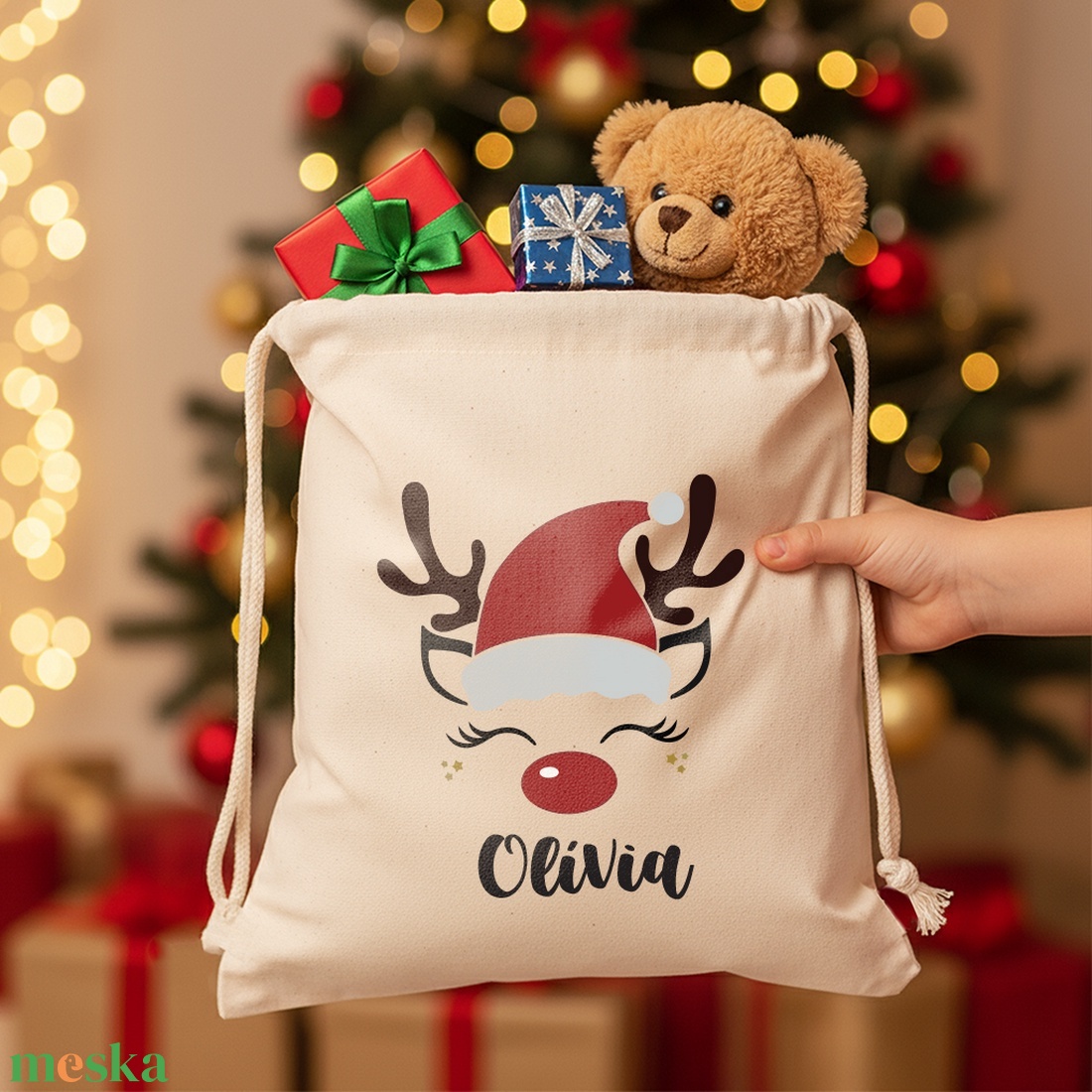 Névre szóló mikulás zsák - Rénszarvas lány - 101325 - karácsony - mikulás - mikulás zsák - Meska.hu
