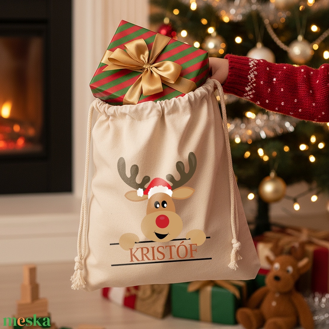 Névre szóló mikulás zsák - Rénszarvas - 101328 - karácsony - mikulás - mikulás zsák - Meska.hu