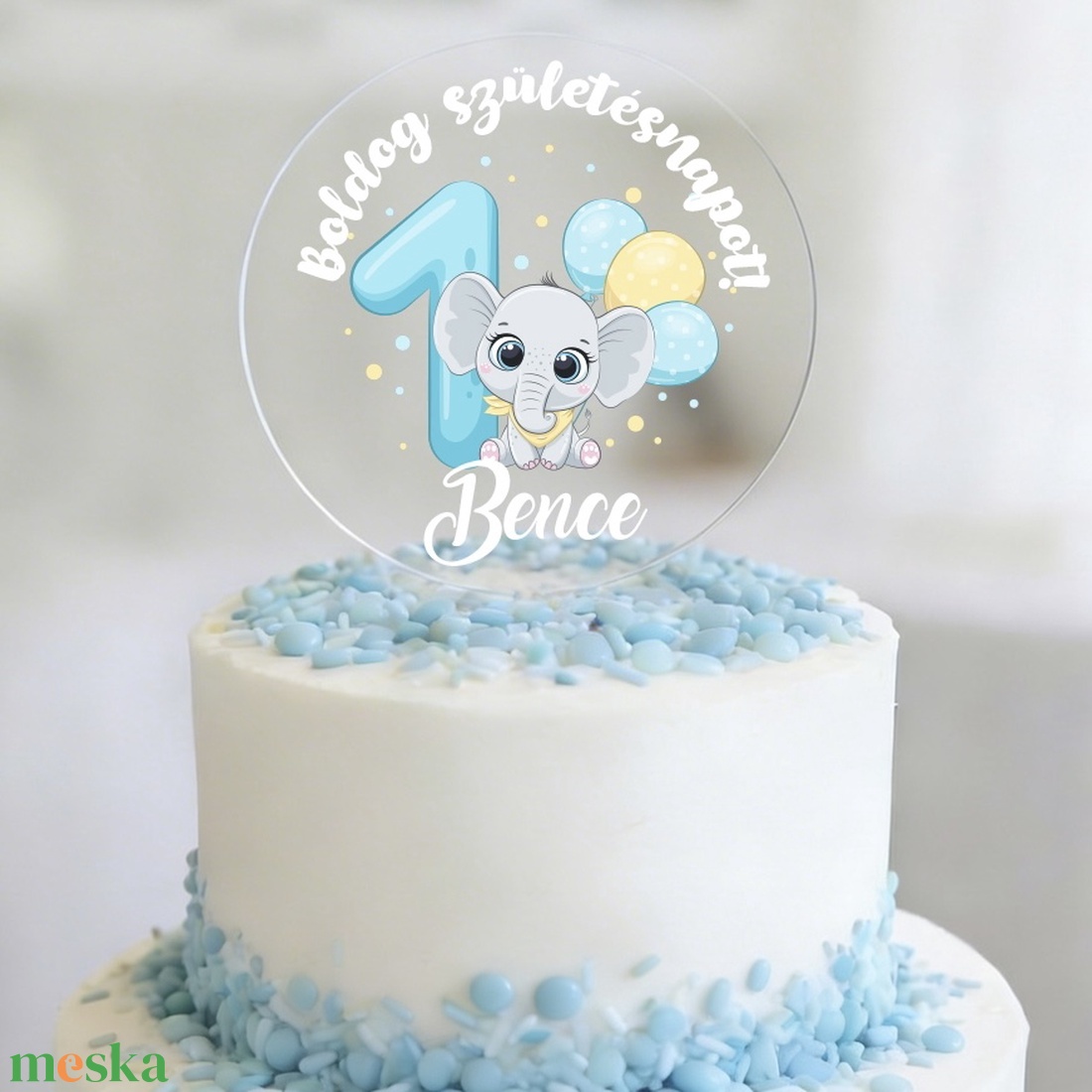 Névre szóló tortadísz - Elefántos - fiú - tortabeszúró első szülinapra - otthon & életmód - konyhafelszerelés, tálalás - sütés, főzés - sütidísz - Meska.hu