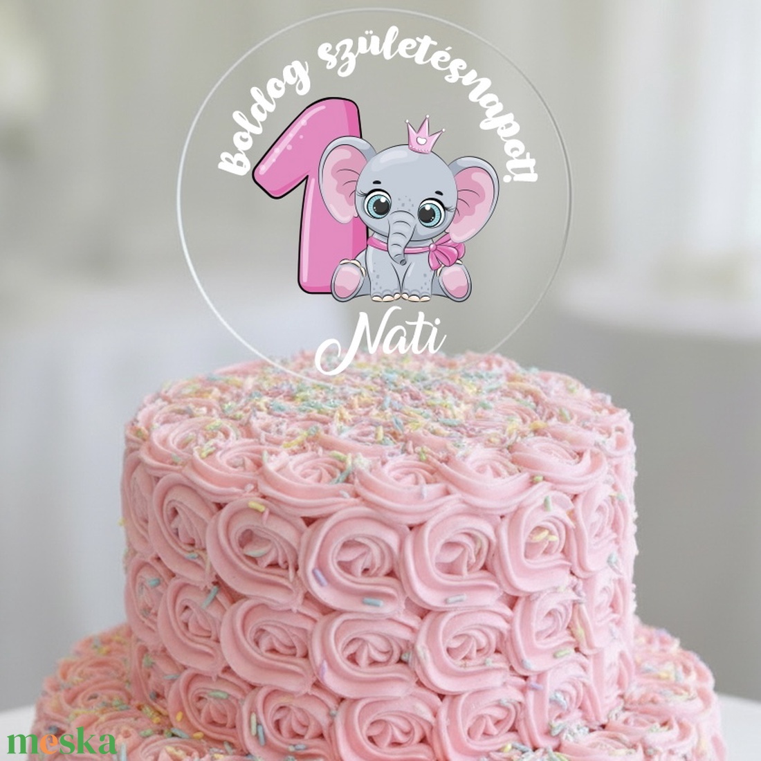 Névre szóló tortadísz - Elefántos - lány - tortabeszúró első szülinapra - otthon & életmód - konyhafelszerelés, tálalás - sütés, főzés - sütidísz - Meska.hu