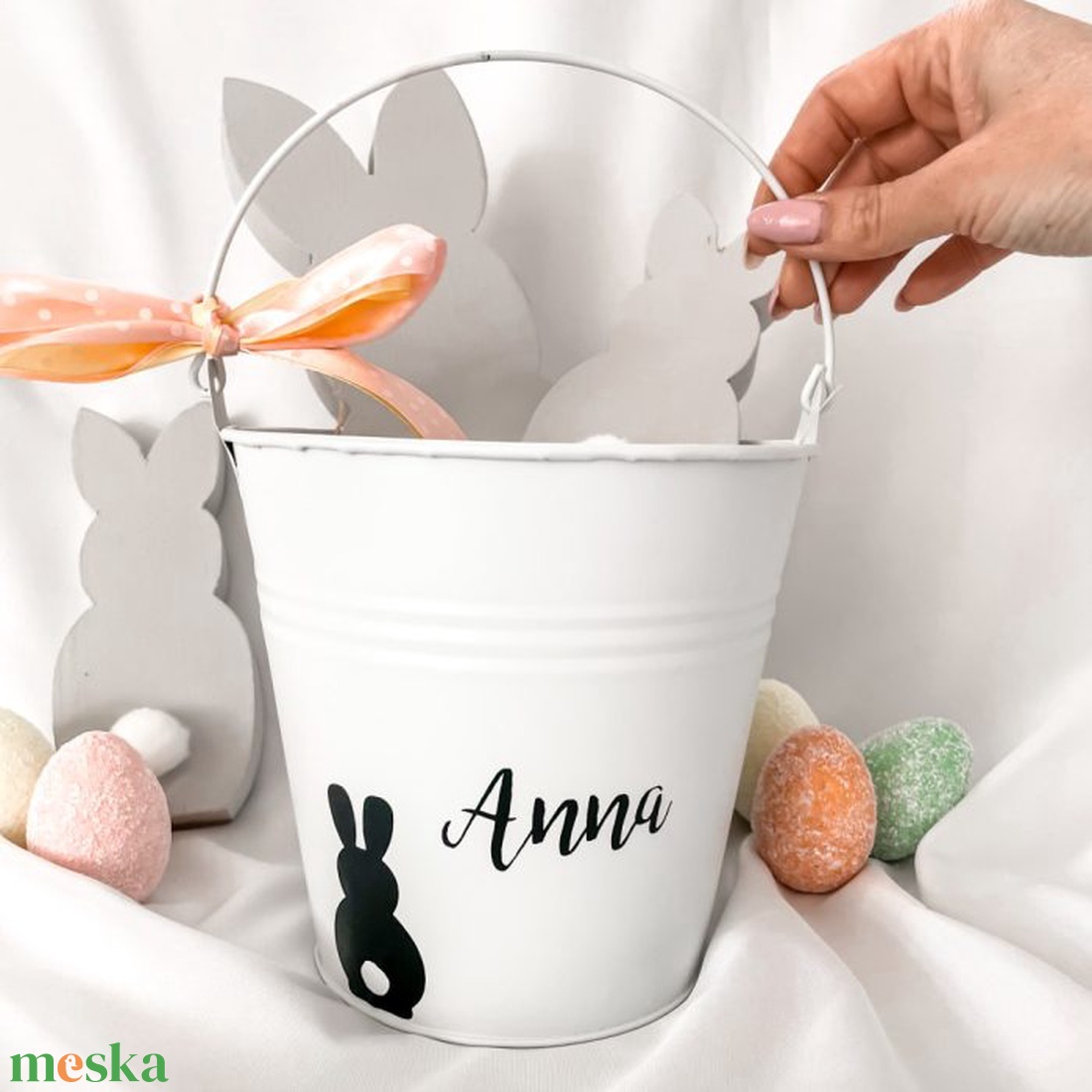Húsvéti névre szóló tojásgyűjtő vödör gyerekeknek - fehér - otthon & életmód - tárolás & rendszerezés - tárolókosár - Meska.hu