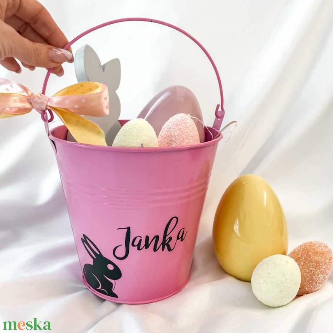Húsvéti névre szóló tojásgyűjtő vödör gyerekeknek - rózsaszín - otthon & életmód - tárolás & rendszerezés - tárolókosár - Meska.hu