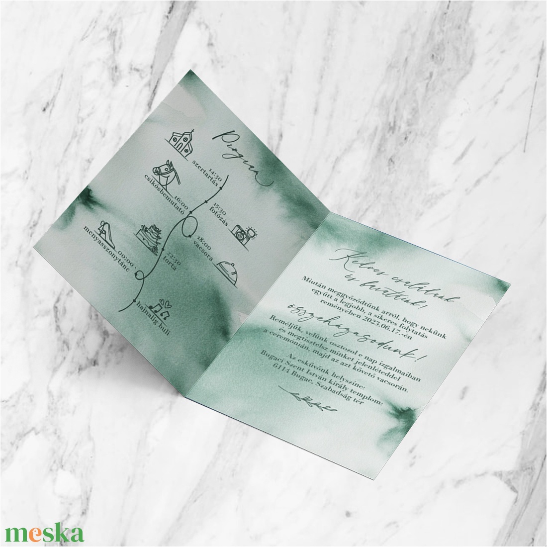 SAGE WATERCOLOR zöld kinyithatós esküvői meghívó - esküvő - meghívó & kártya - meghívó - Meska.hu