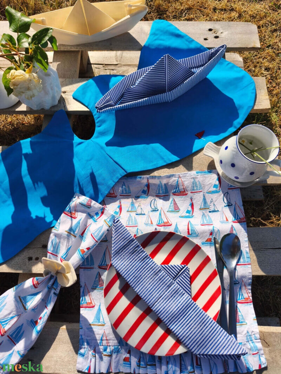 Balaton Blue hajóra hajtogatott asztalkendő szett  - otthon & életmód - konyhafelszerelés, tálalás - konyhai textil - szalvéta - Meska.hu