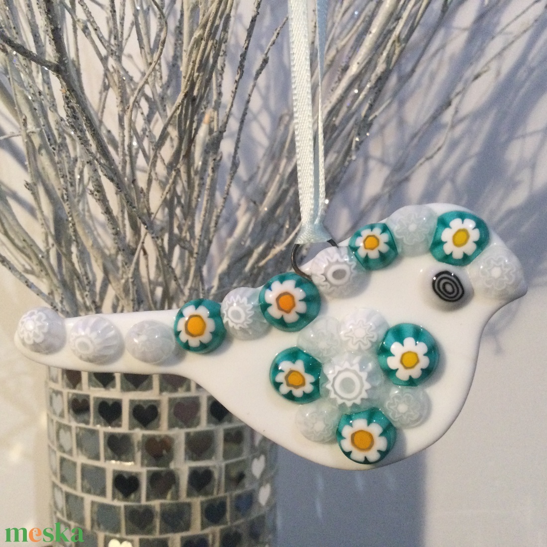 Üvegdísz - muránói madárka- sárga, zöld és fehér  - karácsony - karácsonyi lakásdekoráció - karácsonyfadíszek - Meska.hu